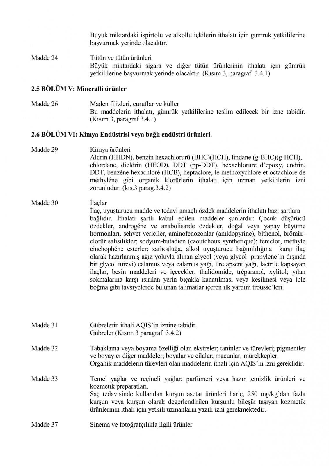 Список условно разрешенных или запрещенных веществ на импорт или транзит (Турция-Россия)
